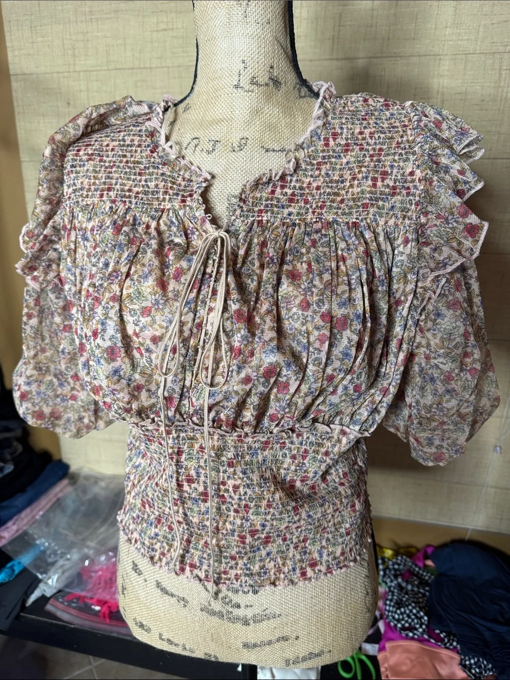 Free People Smocked Floral Lace-Up Crop Top XL NWOT Boho Prairie Cottagecore